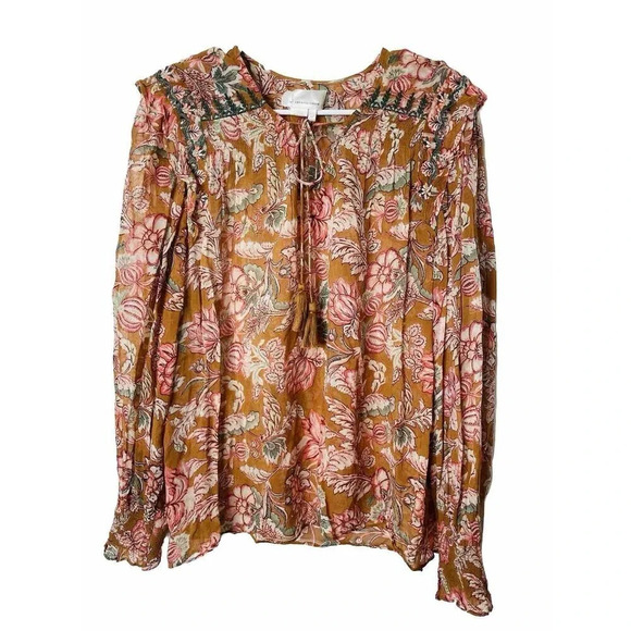 By Anthropologie Pullover Blouse XLP Sheer Floral Flowy Boho Tassels Tie Neck - Picture 1 of 12